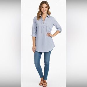 Como black medium blue striped lace up blouse